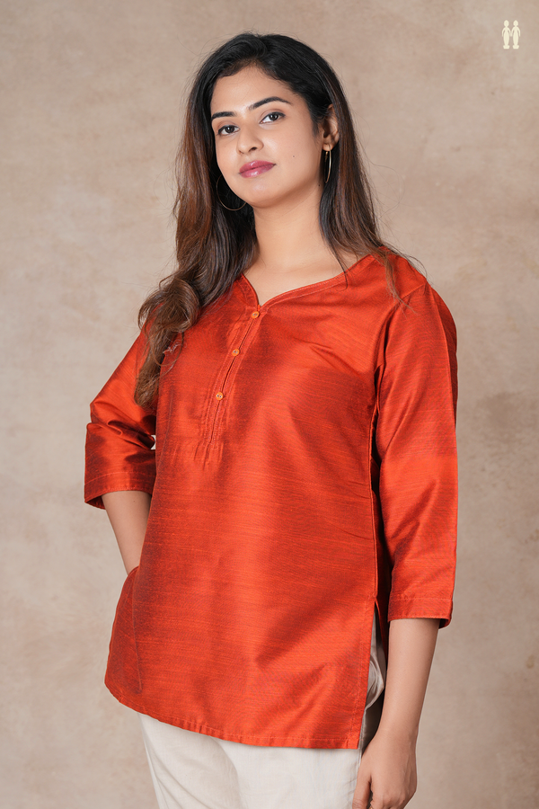 Split Neck Plain Rust Orange Raw Silk Short Top