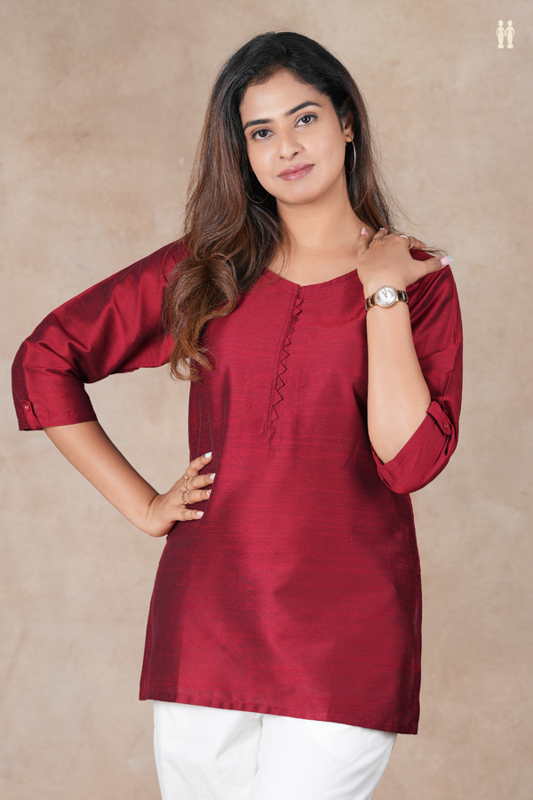 Split Neck Plain Red Semi Raw Silk Short Top