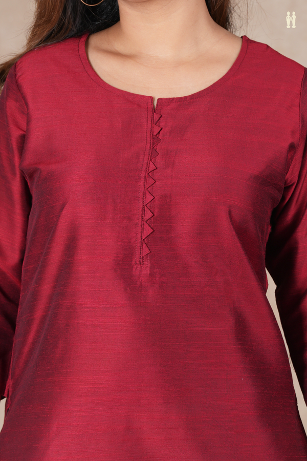 Split Neck Plain Red Semi Raw Silk Short Top