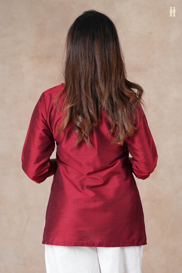 Split Neck Plain Red Semi Raw Silk Short Top
