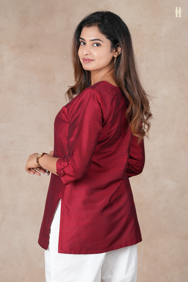 Split Neck Plain Red Semi Raw Silk Short Top