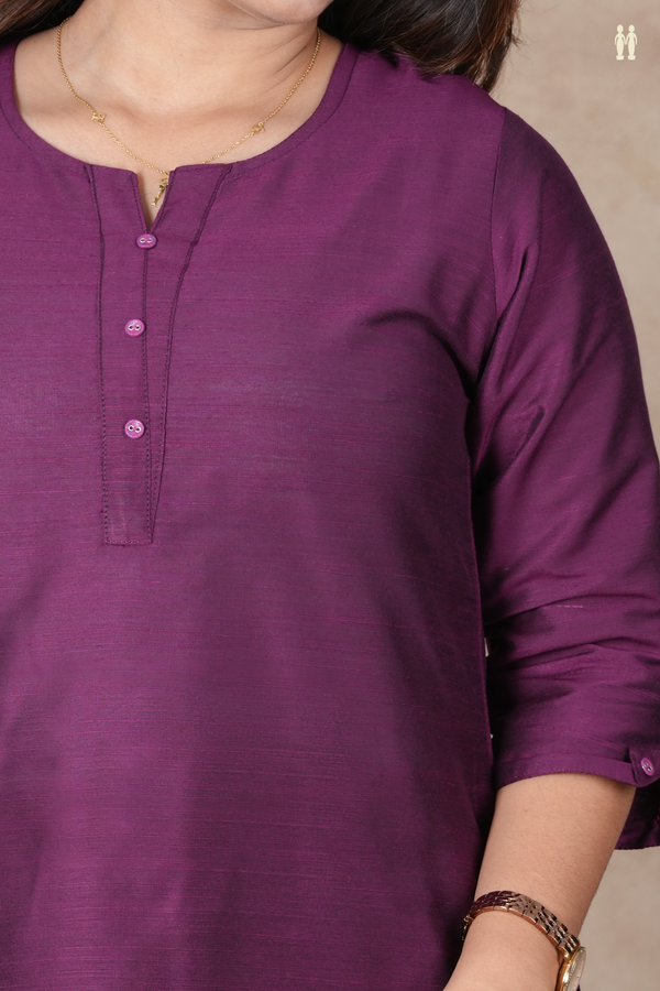Split Neck Plain Grape Purple Raw Silk Short Top