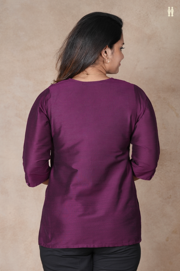 Split Neck Plain Grape Purple Raw Silk Short Top