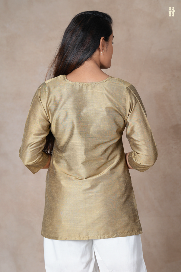 Split Neck Plain Cardamom Green Semi Raw Silk Short Top