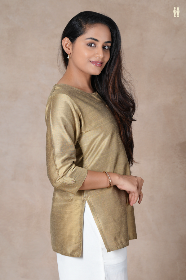 Split Neck Plain Cardamom Green Semi Raw Silk Short Top