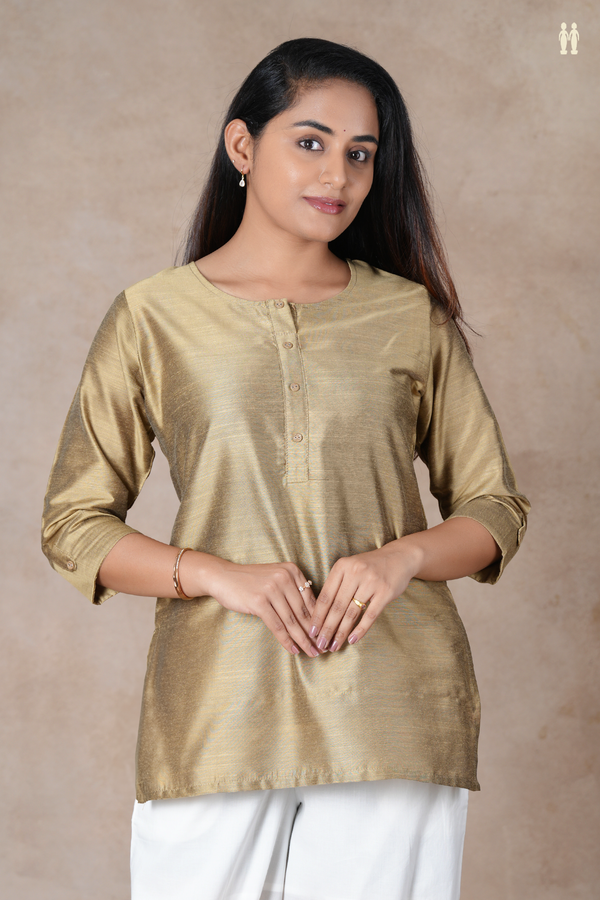 Split Neck Plain Cardamom Green Semi Raw Silk Short Top