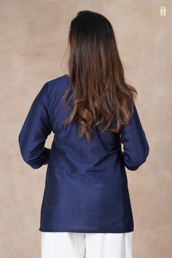 Split Neck Plain Navy Blue Raw Silk Short Top