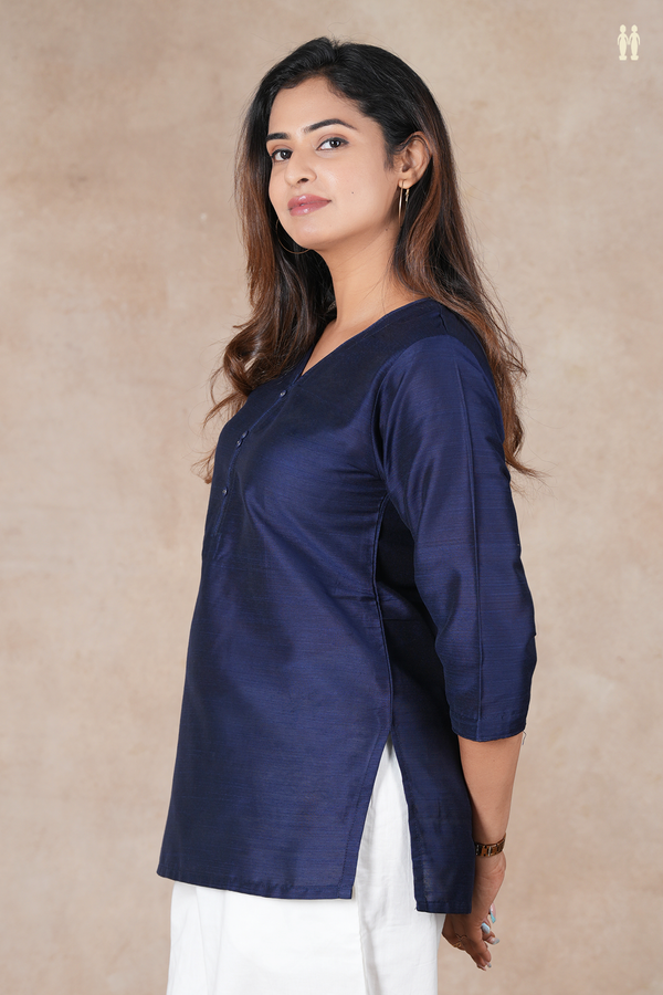 Split Neck Plain Navy Blue Raw Silk Short Top