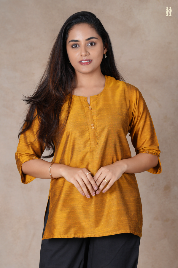 Split Neck Plain Ochre Orange Raw Silk Short Top
