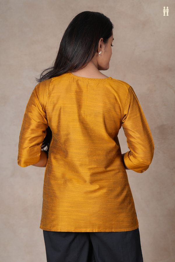 Split Neck Plain Ochre Orange Raw Silk Short Top