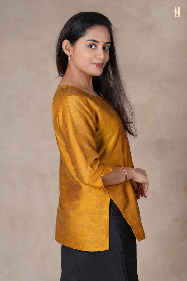 Split Neck Plain Ochre Orange Raw Silk Short Top
