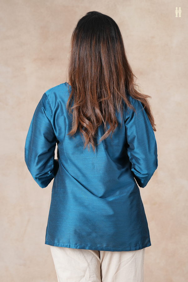 Round Neck Plain Blue Raw Silk Short Top