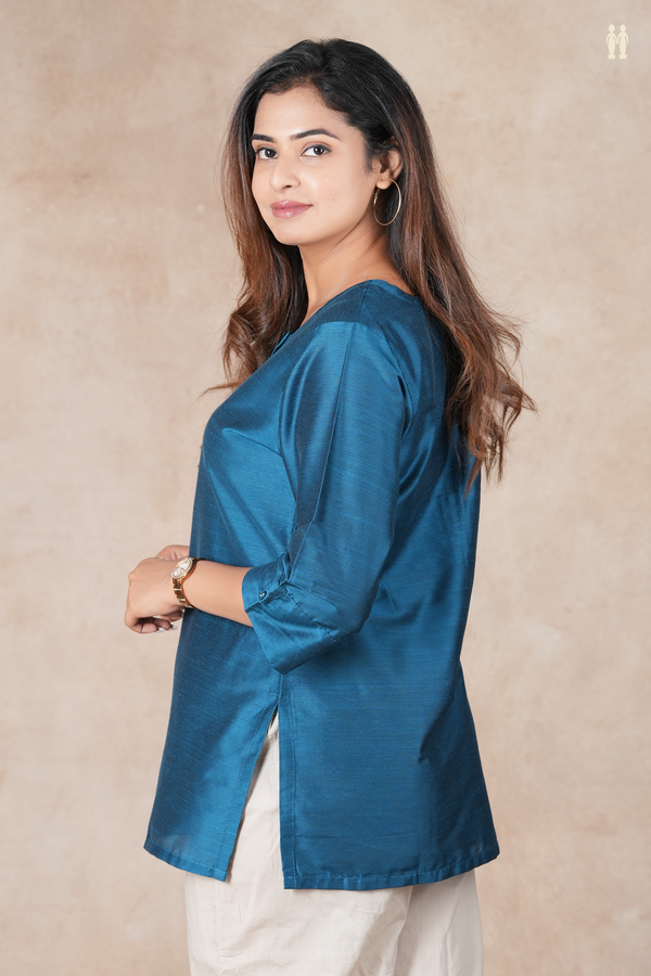 Round Neck Plain Blue Raw Silk Short Top