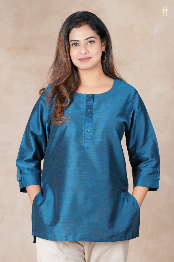 Round Neck Plain Blue Raw Silk Short Top