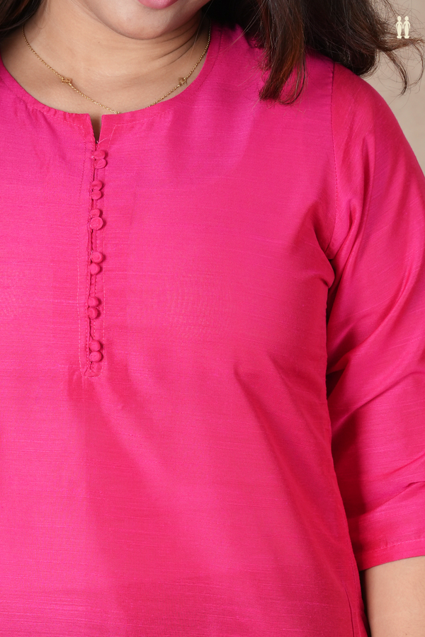 Split Neck Plain Dark Pink Raw Silk Short Top