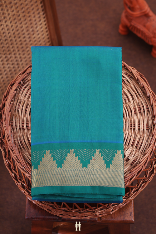 Kanchipuram Silk Saree In Teal Blue With Temple Border