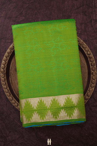 Tamil Letters Design Parrot Green Kanchipuram Silk Saree