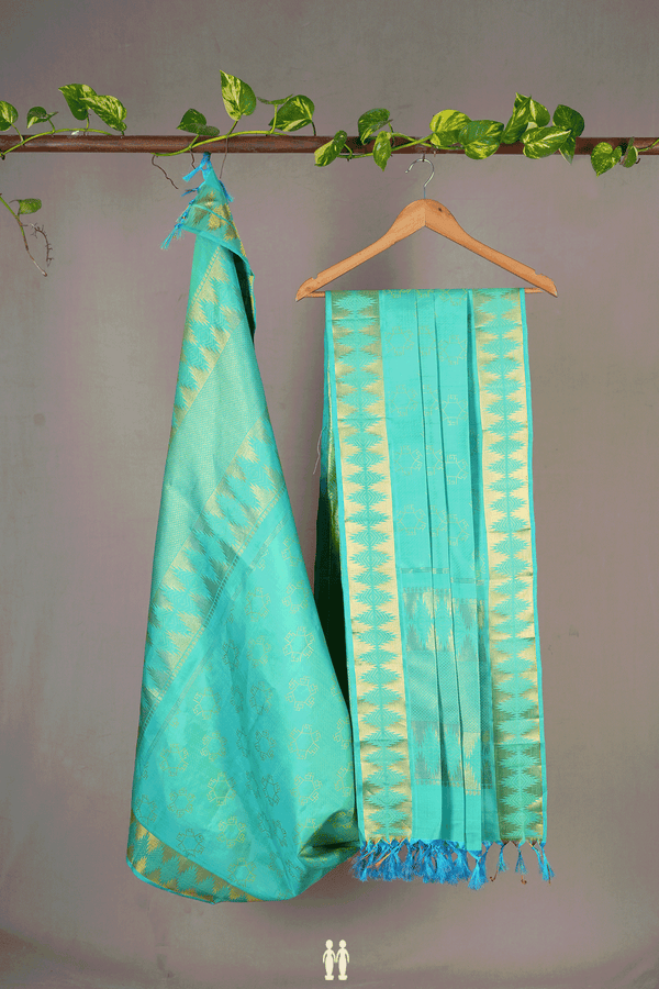 Tamil Letters Design Sea Blue Kanchipuram Silk Dupatta