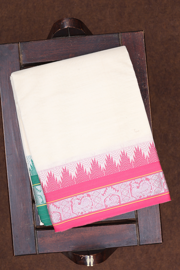 Temple Border White Cotton Dhoti With Angavastram Set