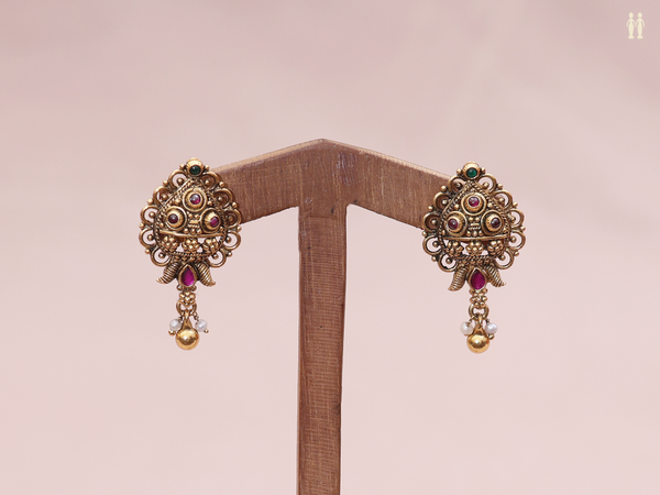 Pink And Green Stone Gold Plated Pure Silver Earrings