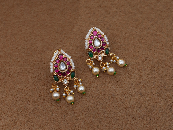 Thilagam Design With Beaded Gold Plated Silver Earrings