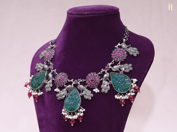 Thilagam Design With Beads Oxidized Pure Silver Necklace