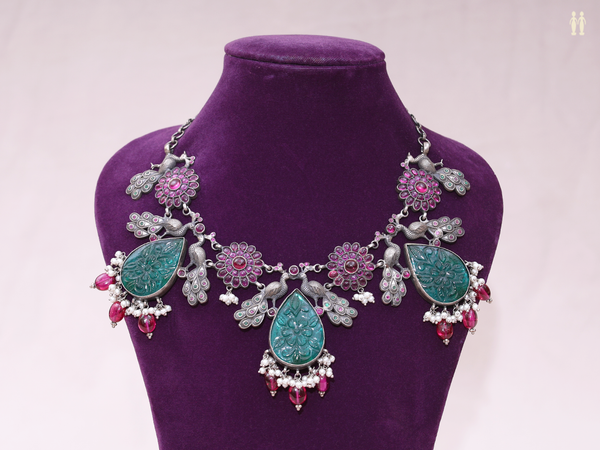 Thilagam Design With Beads Oxidized Pure Silver Necklace