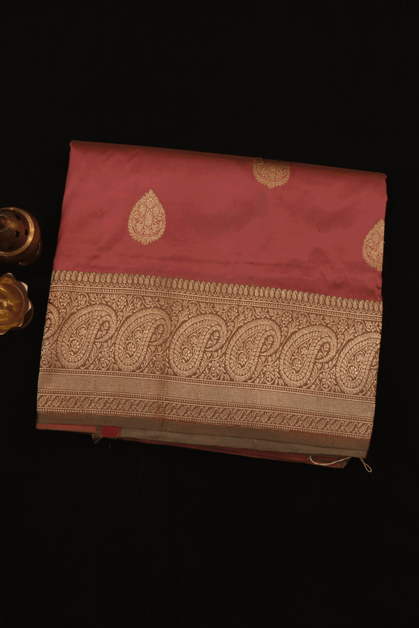 Thilagam Zari Motifs Dusty Red Banarasi Silk Saree