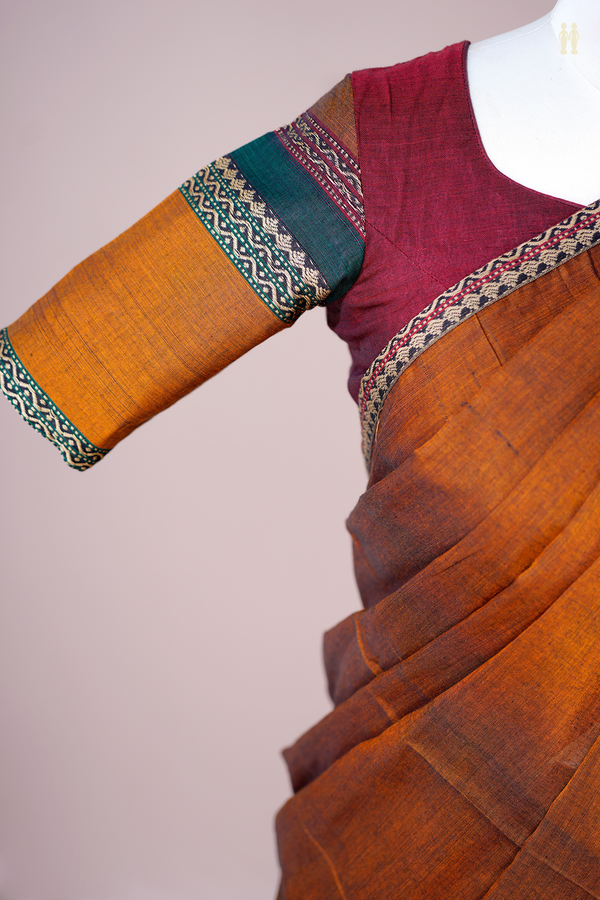 Threadwork Border Golden Brown Cotton Readymade Half Saree