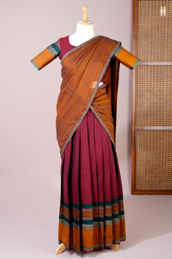 Threadwork Border Golden Brown Cotton Readymade Half Saree