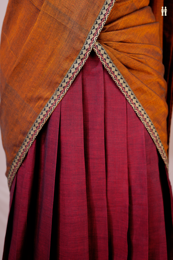 Threadwork Border Golden Brown Cotton Readymade Half Saree