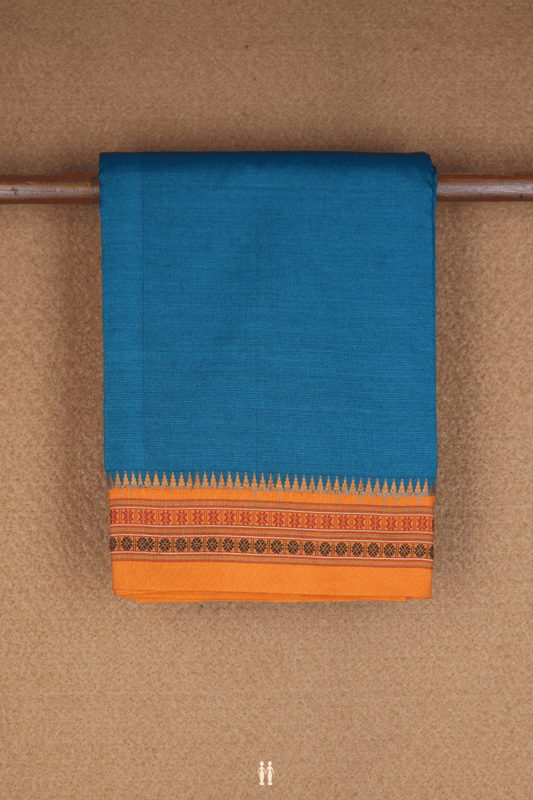 Threadwork Border Plain Teal Blue Dharwad Cotton Saree