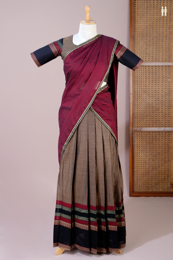 Threadwork Border Red Cotton Readymade Half Saree