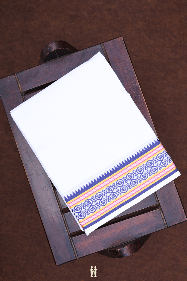 Threadwork Border White Cotton Dhoti With Angavastram Set