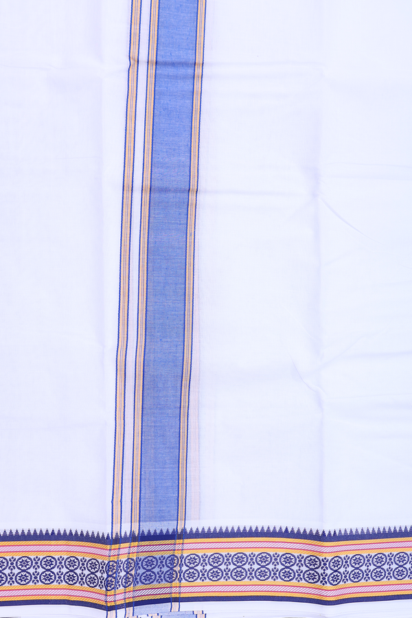 Threadwork Border White Cotton Dhoti With Angavastram Set