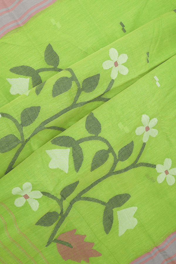 Threadwork Buttas Parrot Green Bengal Cotton Saree