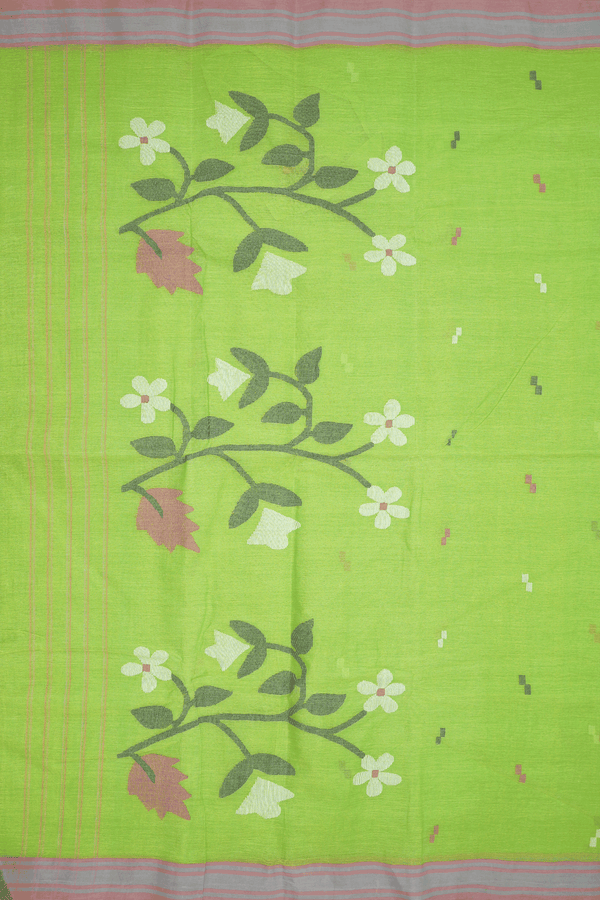 Threadwork Buttas Parrot Green Bengal Cotton Saree