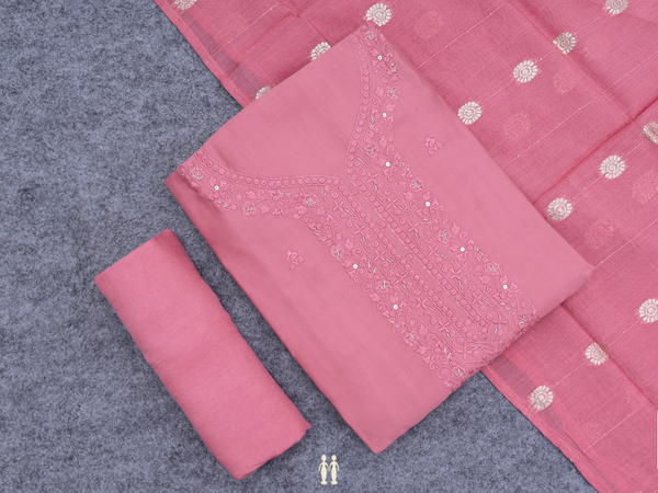 Threadwork Buttas Pink Silk Cotton Unstitched Salwar Material