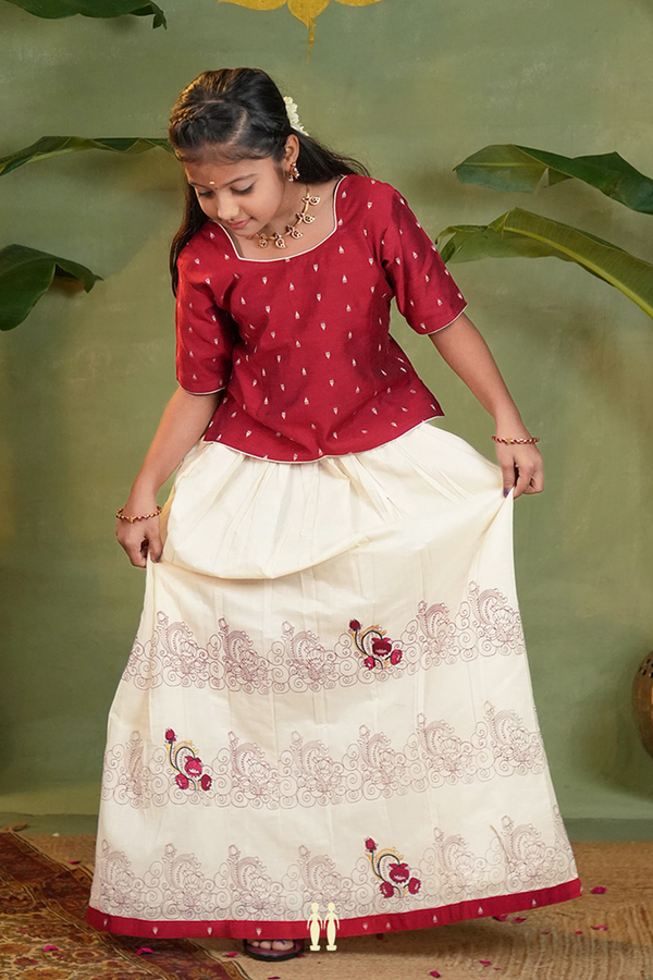 Threadwork Buttas Red And White Kasavu Readymade Pavadai Sattai