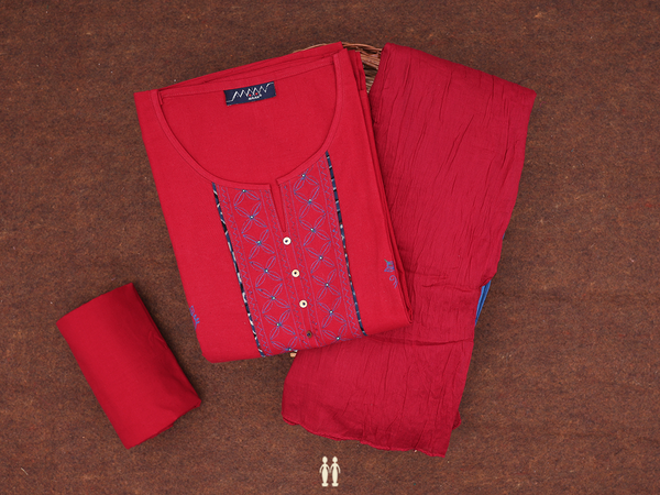 Threadwork Buttas Red Cotton Unstitched Salwar Material