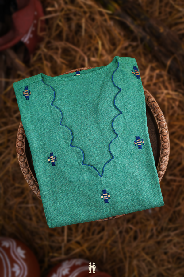 Threadwork Buttas Sea Green Linen Cotton Long Kurta