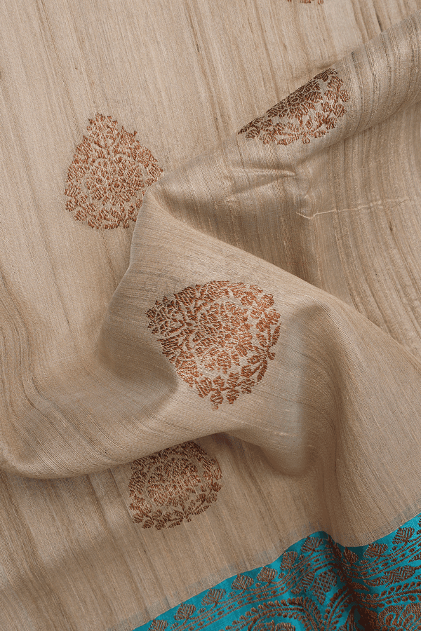 Threadwork Motifs Coffee Cream Tussar Banarasi Silk Saree