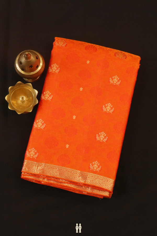 Threadwork With Buttas Bright Orange Kanchipuram Silk Saree