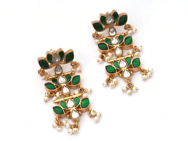 Three Layer Lotus Design Gold Plated Silver Earrings