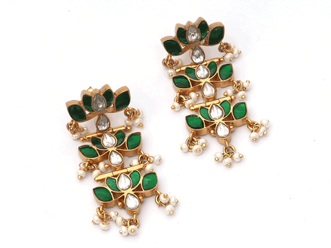 Three Layer Lotus Design Gold Plated Silver Earrings