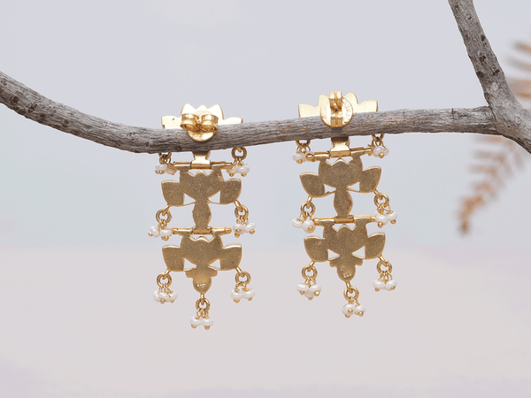 Three Layer Lotus Design Gold Plated Silver Earrings