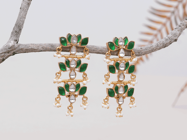 Three Layer Lotus Design Gold Plated Silver Earrings