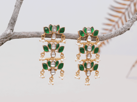 Three Layer Lotus Design Gold Plated Silver Earrings