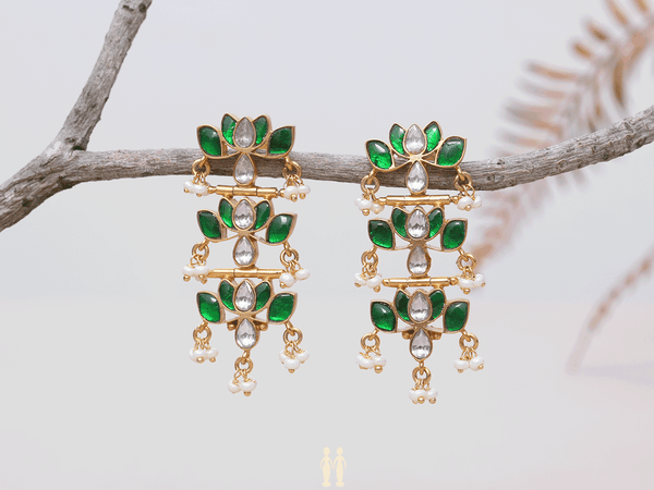 Three Layer Lotus Design Gold Plated Silver Earrings