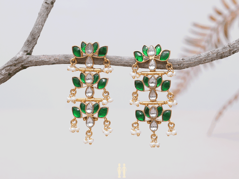 Three Layer Lotus Design Gold Plated Silver Earrings